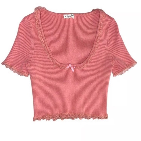 For Love And Lemons Pink Ribbed Lace Top - Picture 1 of 4